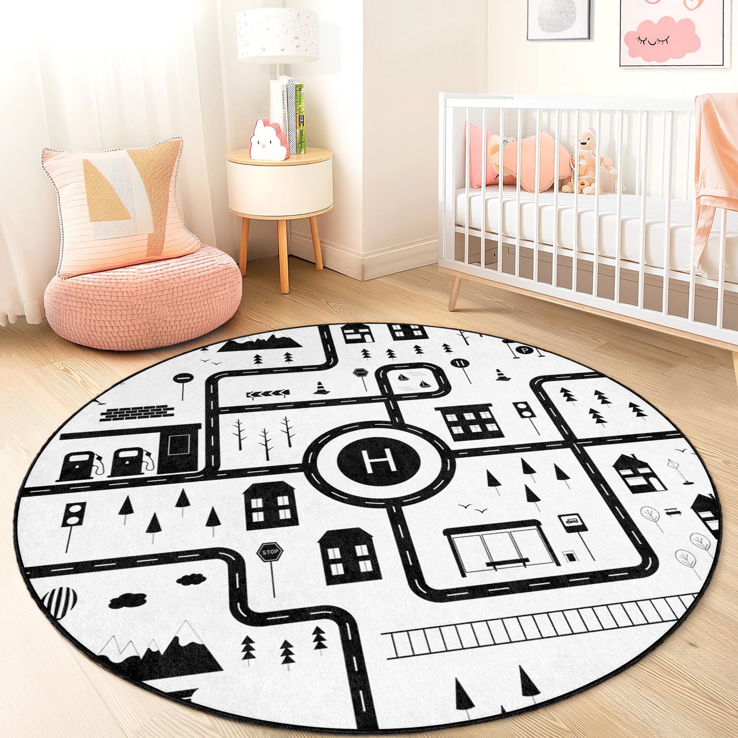 Runder Kinderteppich mit verspieltem Straßenkartenmotiv, schwarz-weißer Straßenteppich, weiche Spielmatte für Kinderzimmer, Kinderzimmerdekoration, interaktiver Spielbereich