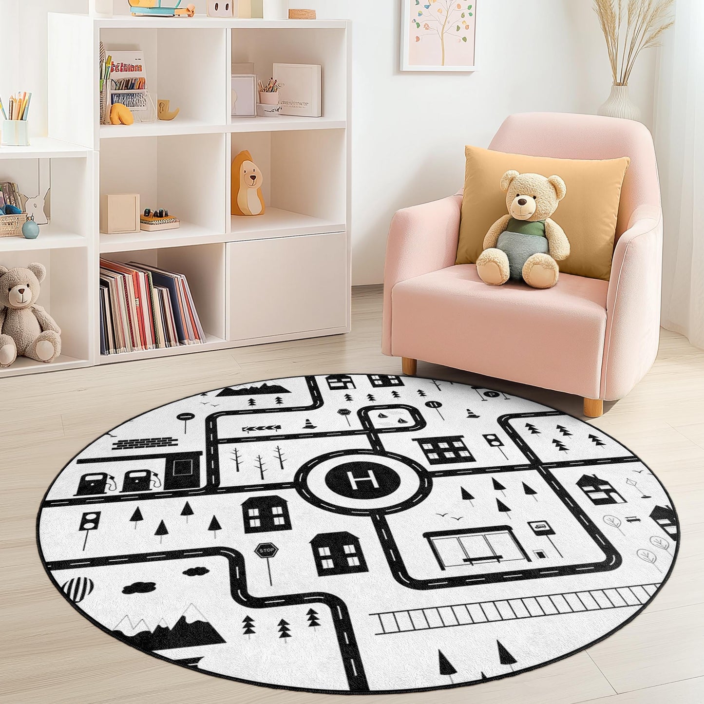 Playful Road Map Round Kids Rug, Black and White Road Rug, Soft Play Mat for Kids Room, Nursery Decor, Interactive Play Area