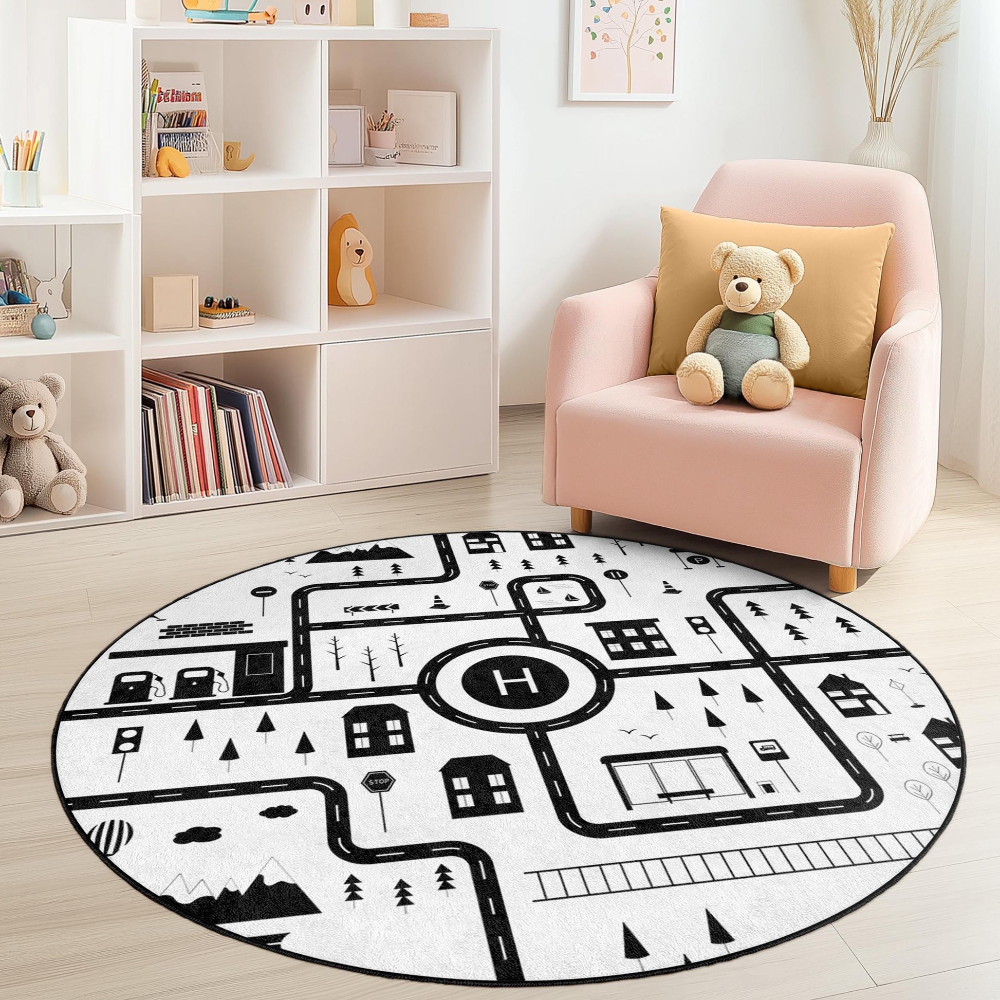 Playful Road Map Round Kids Rug, Black and White Road Rug, Soft Play Mat for Kids Room, Nursery Decor, Interactive Play Area