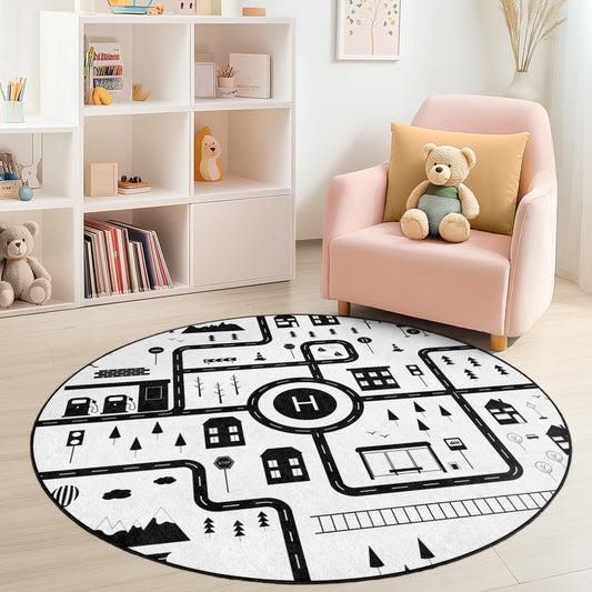 Playful Road Map Round Kids Rug, Black and White Road Rug, Soft Play Mat for Kids Room, Nursery Decor, Interactive Play Area