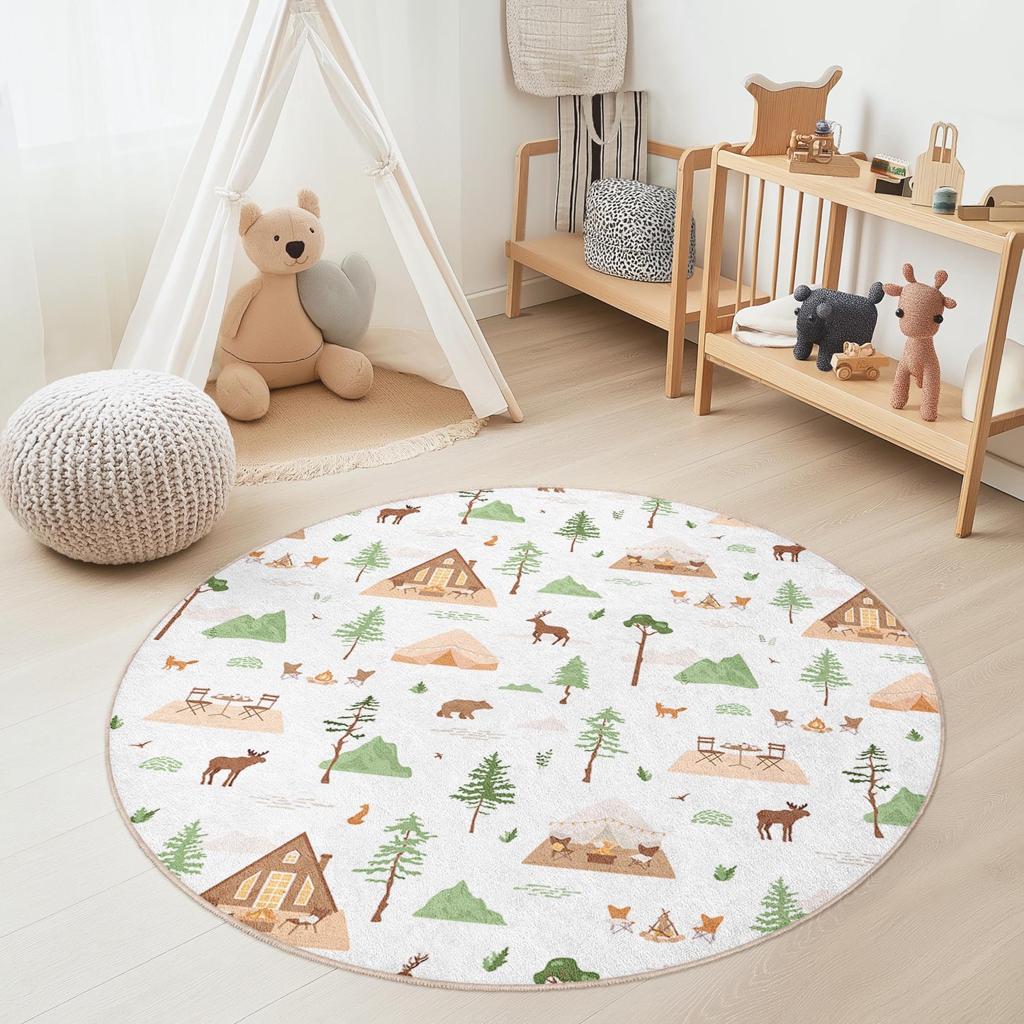 Runder Waldabenteuer-Kinderteppich, Tiercamp-Teppich, Waldspielmatte, Kinderzimmerdeko, Naturteppich, runder Kinderteppich