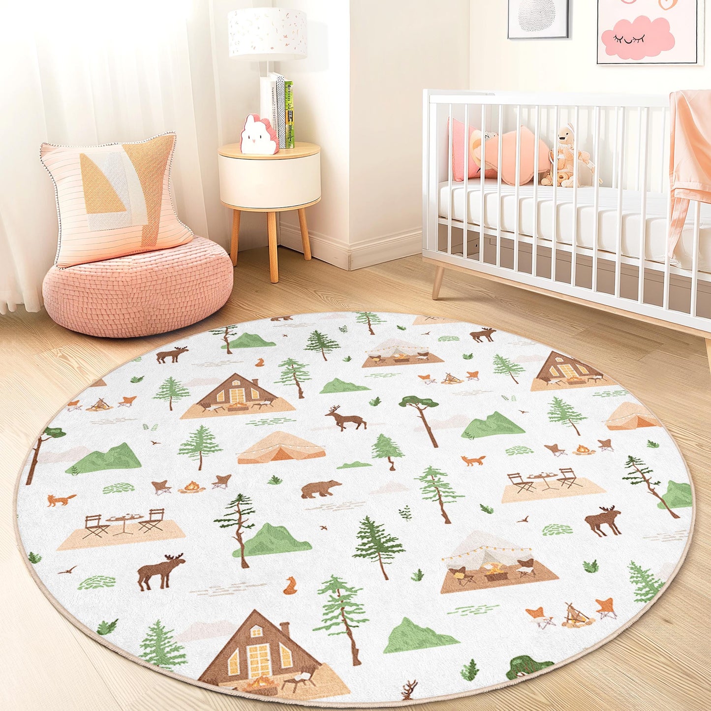 Runder Waldabenteuer-Kinderteppich, Tiercamp-Teppich, Waldspielmatte, Kinderzimmerdeko, Naturteppich, runder Kinderteppich