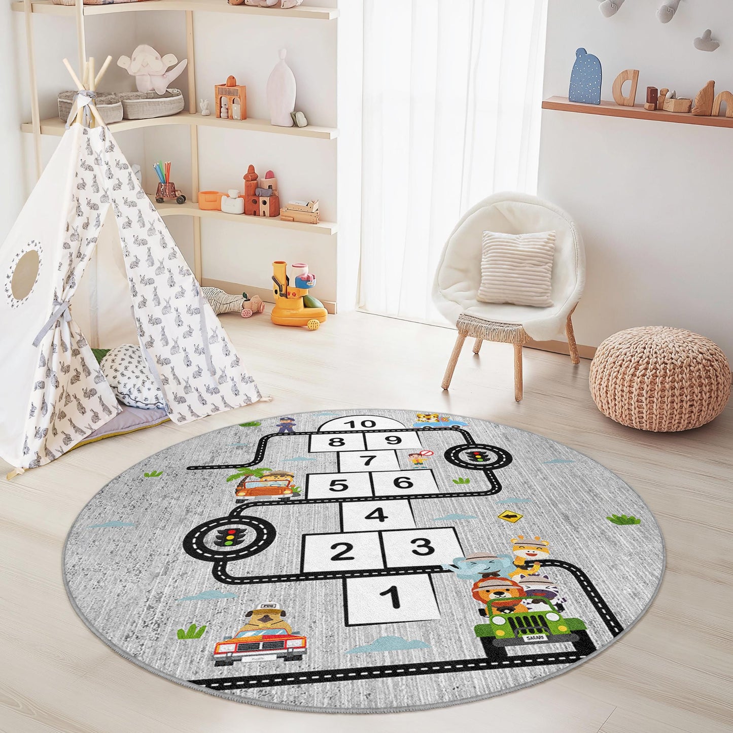 Runder Hüpfspiel-Abenteuer-Spielteppich für Kinder, interaktive Spielmatte fürs Kinderzimmer, lustiger Straßenkarten-Teppich, Kinderzimmerdekoration, Spielzimmerteppich