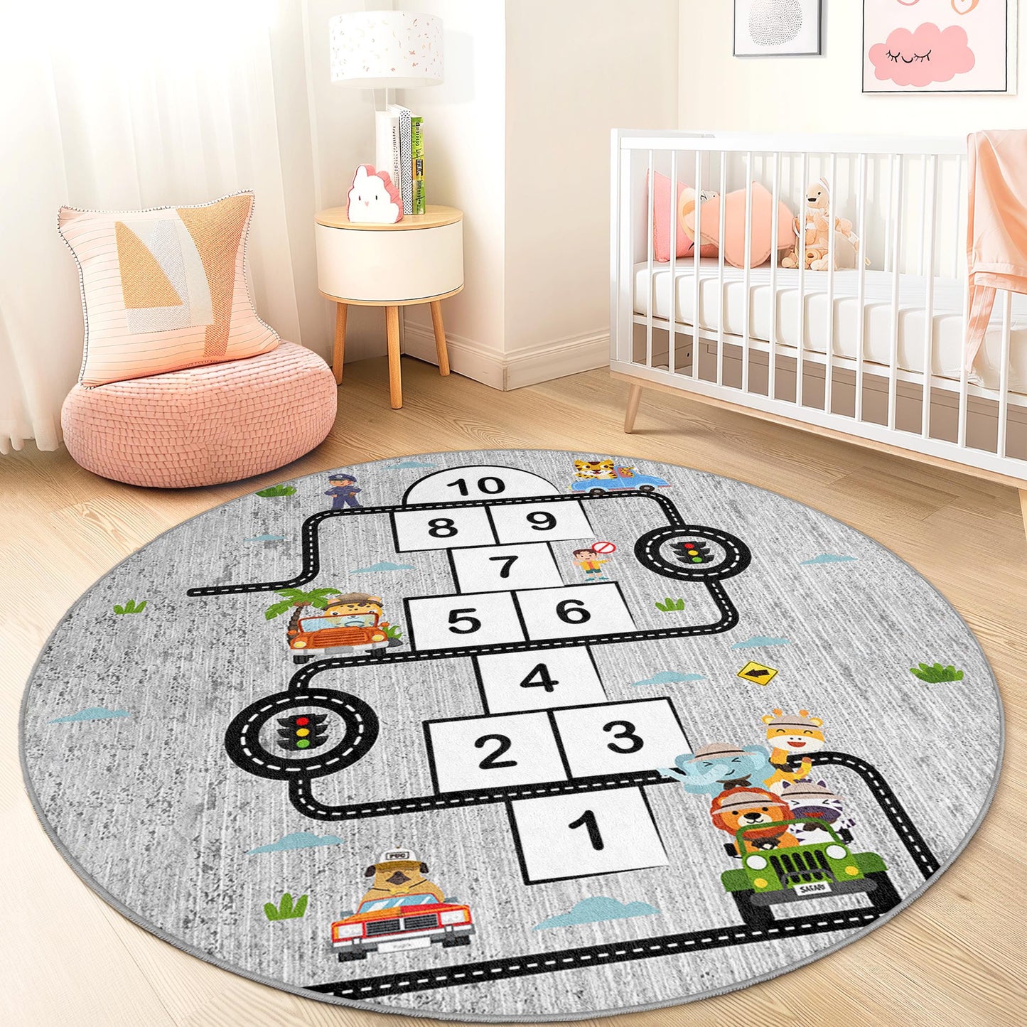 Runder Hüpfspiel-Abenteuer-Spielteppich für Kinder, interaktive Spielmatte fürs Kinderzimmer, lustiger Straßenkarten-Teppich, Kinderzimmerdekoration, Spielzimmerteppich