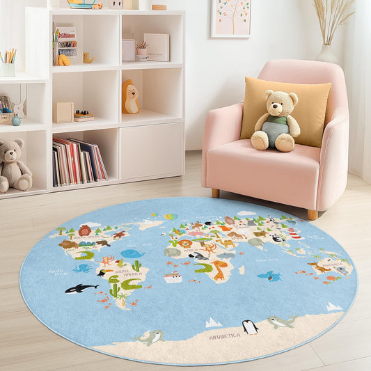 Colorful World Map Kids Round Rug, Educational Play Mat, Nursery Decor, Soft Round Carpet for Children's Room, Animal Theme Rug