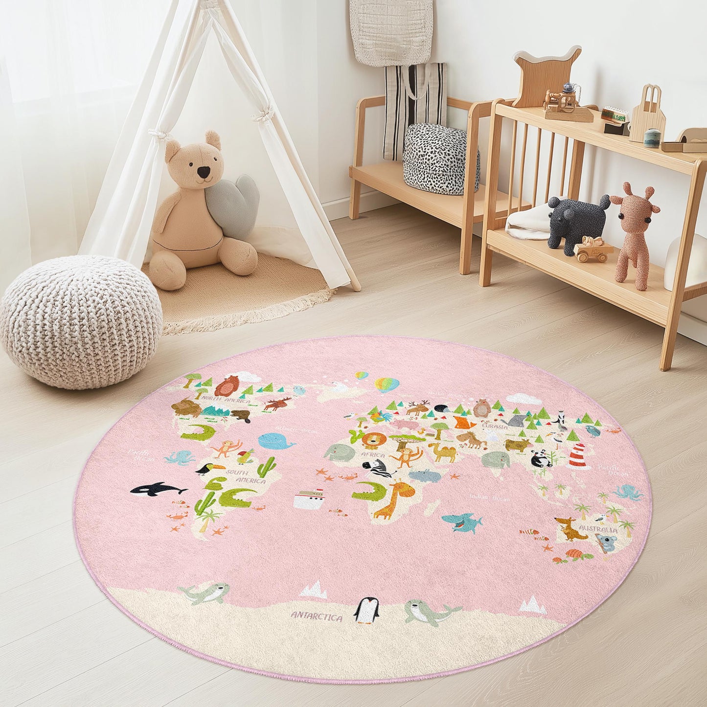 Weltkarten-Spielteppich für Kinder, runder Tierabenteuer-Teppich, Kinderzimmerdeko, interaktive Spielmatte für Kinder, weicher und kuscheliger Teppich