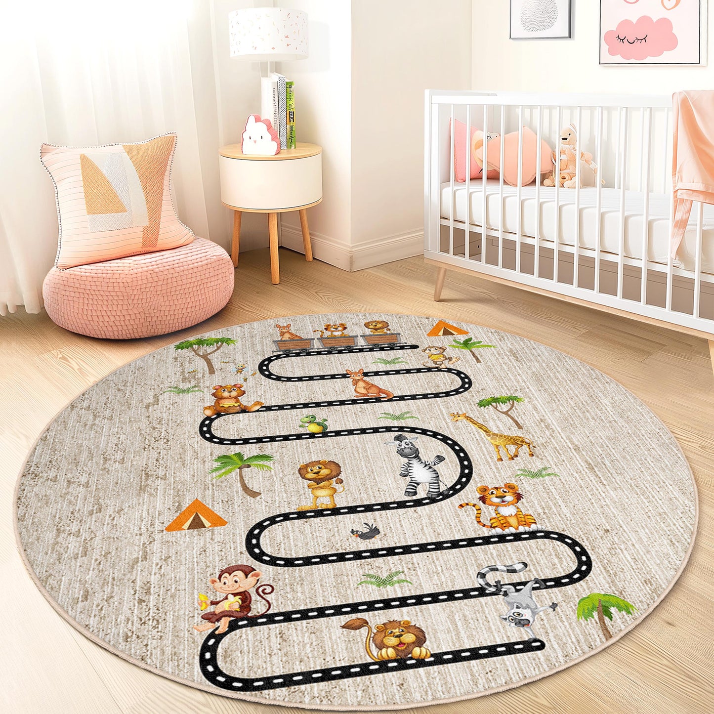 Runder Dschungel-Spielteppich für Kinder, Spielmatte mit Tiermotiven, weicher runder Teppich fürs Kinderzimmer, interaktiver Kinderteppich, Kinderzimmerdekoration