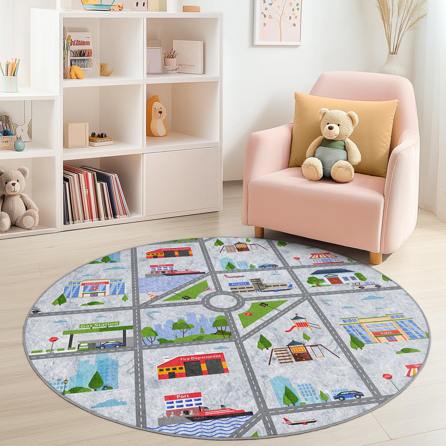 Runder Spielteppich mit Stadtplan, interaktive Spielmatte fürs Kinderzimmer, weicher runder Teppich fürs Spielzimmer, Lernteppich für Kinder