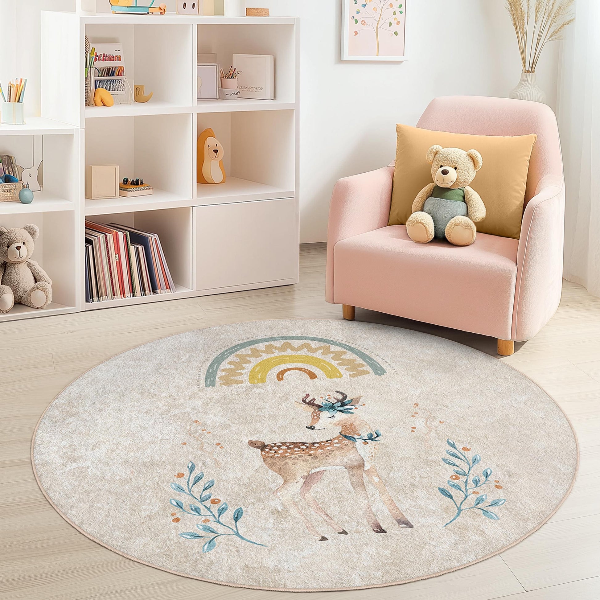 Whimsical Deer Round Kids Rug, Cute Animal Nursery Rug, Playful Round Carpet for Children's Room, Soft and Cozy Play Mat