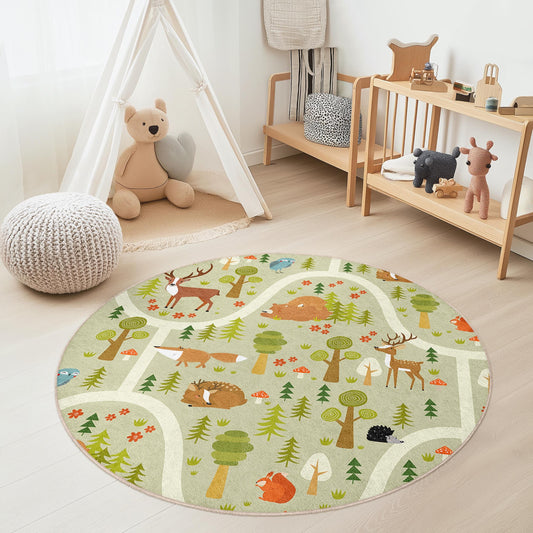 Forest Adventure Kids Play Rug: Woodland Animals Nursery Mat