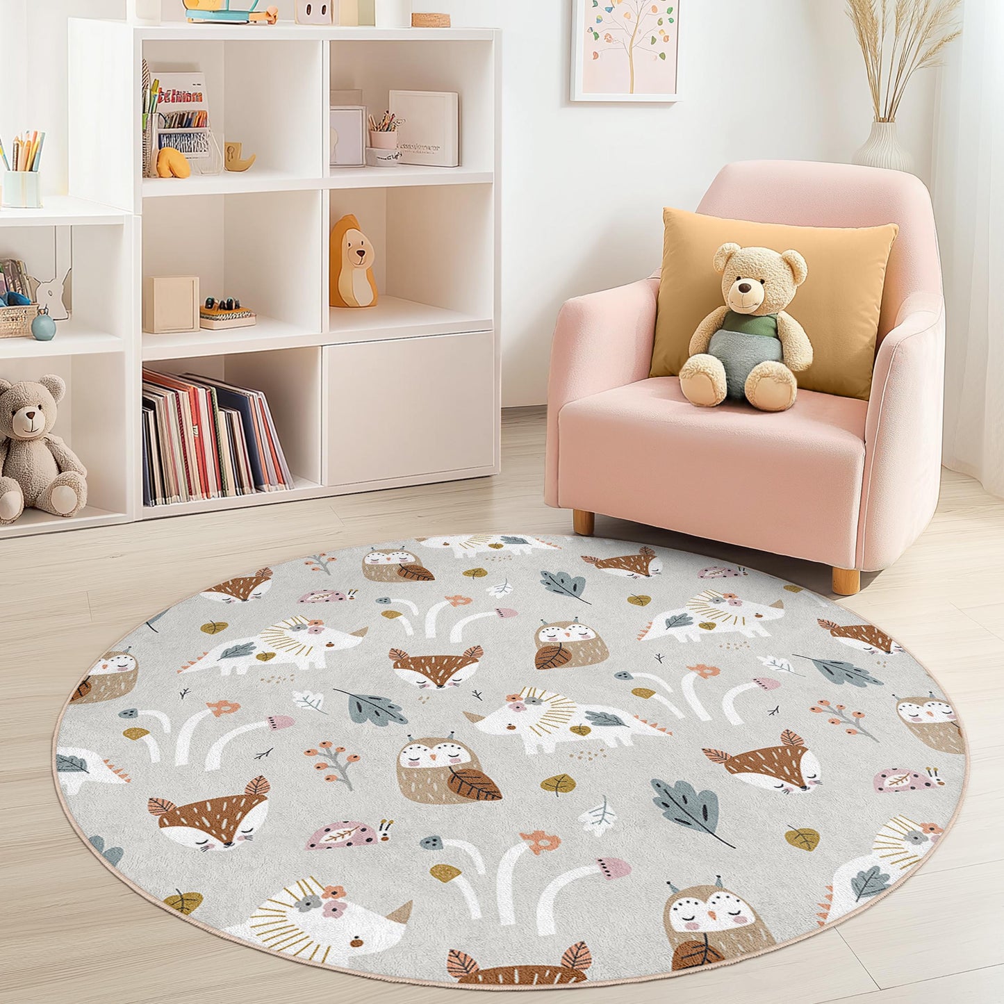 Runder Kinderteppich mit verspielten Waldtieren, niedlicher Teppich mit Tiermotiven, Kinderzimmerdeko, Spielzimmerteppich, weicher runder Teppich