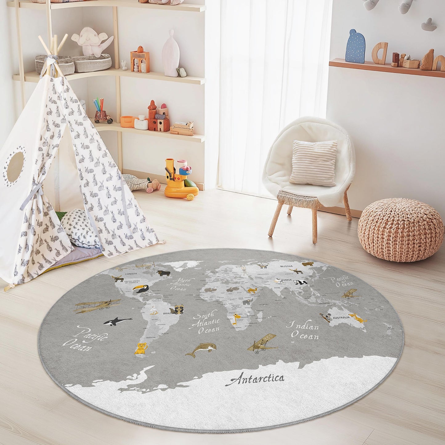 Weltkarten-Tierteppich, runder Spielteppich für Kinder, Lernteppich für Kinder, Teppich mit Tiermotiven, Kinderzimmerdeko, Spielzimmerteppich