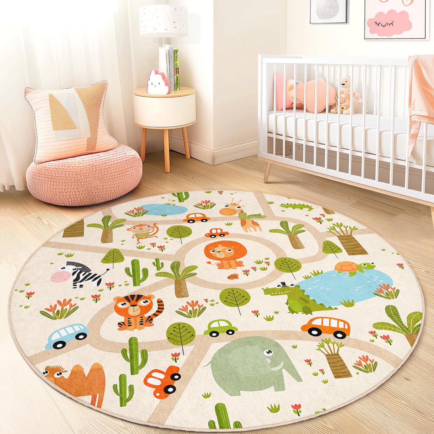 Runder Spielteppich mit Tiermotiven, Safari-Teppich, interaktive Spielmatte für Kinderzimmer, Kinderzimmerdekoration