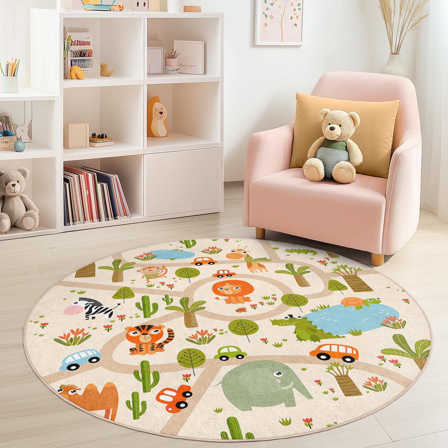 Runder Spielteppich mit Tiermotiven, Safari-Teppich, interaktive Spielmatte für Kinderzimmer, Kinderzimmerdekoration