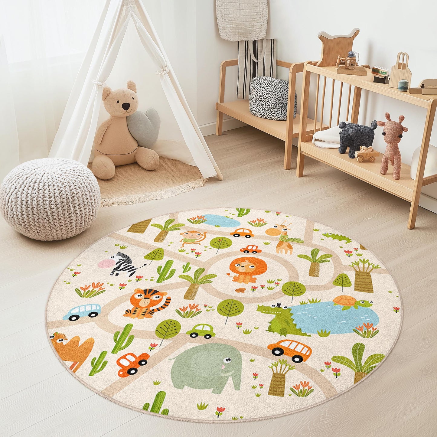 Runder Spielteppich mit Tiermotiven, Safari-Teppich, interaktive Spielmatte für Kinderzimmer, Kinderzimmerdekoration