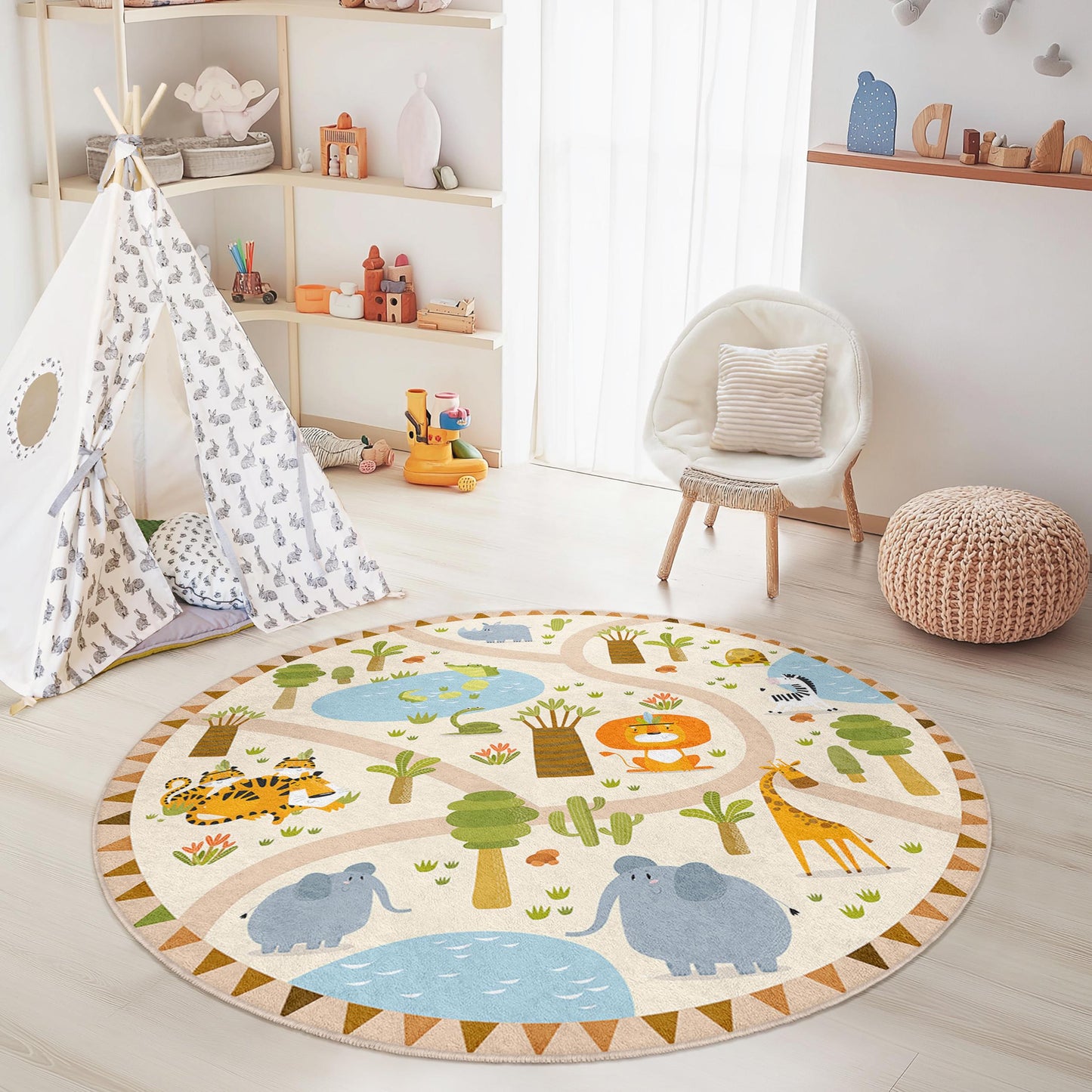 Runder Safari-Abenteuer-Spielteppich für Kinder, Dschungeltier-Kinderteppich, Kinderzimmerdeko, interaktive Spielmatte, Kinderzimmerteppich, lustiger Spielteppich