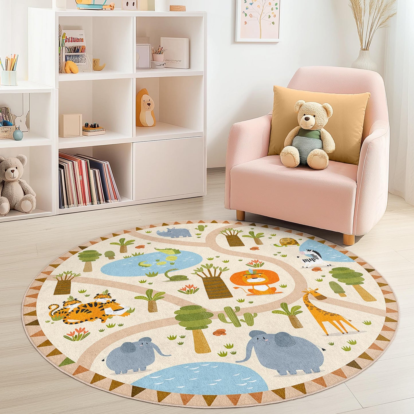 Runder Safari-Abenteuer-Spielteppich für Kinder, Dschungeltier-Kinderteppich, Kinderzimmerdeko, interaktive Spielmatte, Kinderzimmerteppich, lustiger Spielteppich