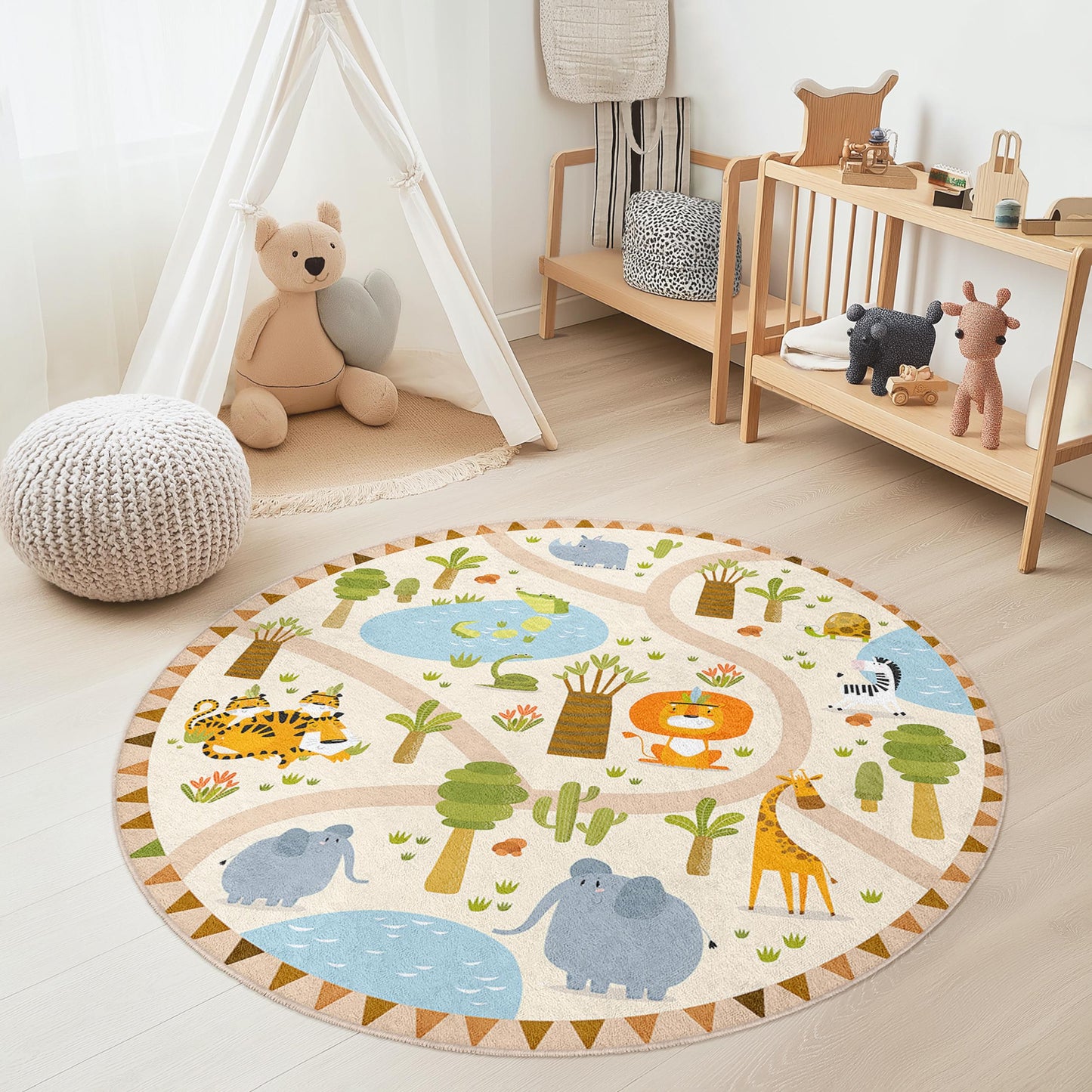 Runder Safari-Abenteuer-Spielteppich für Kinder, Dschungeltier-Kinderteppich, Kinderzimmerdeko, interaktive Spielmatte, Kinderzimmerteppich, lustiger Spielteppich