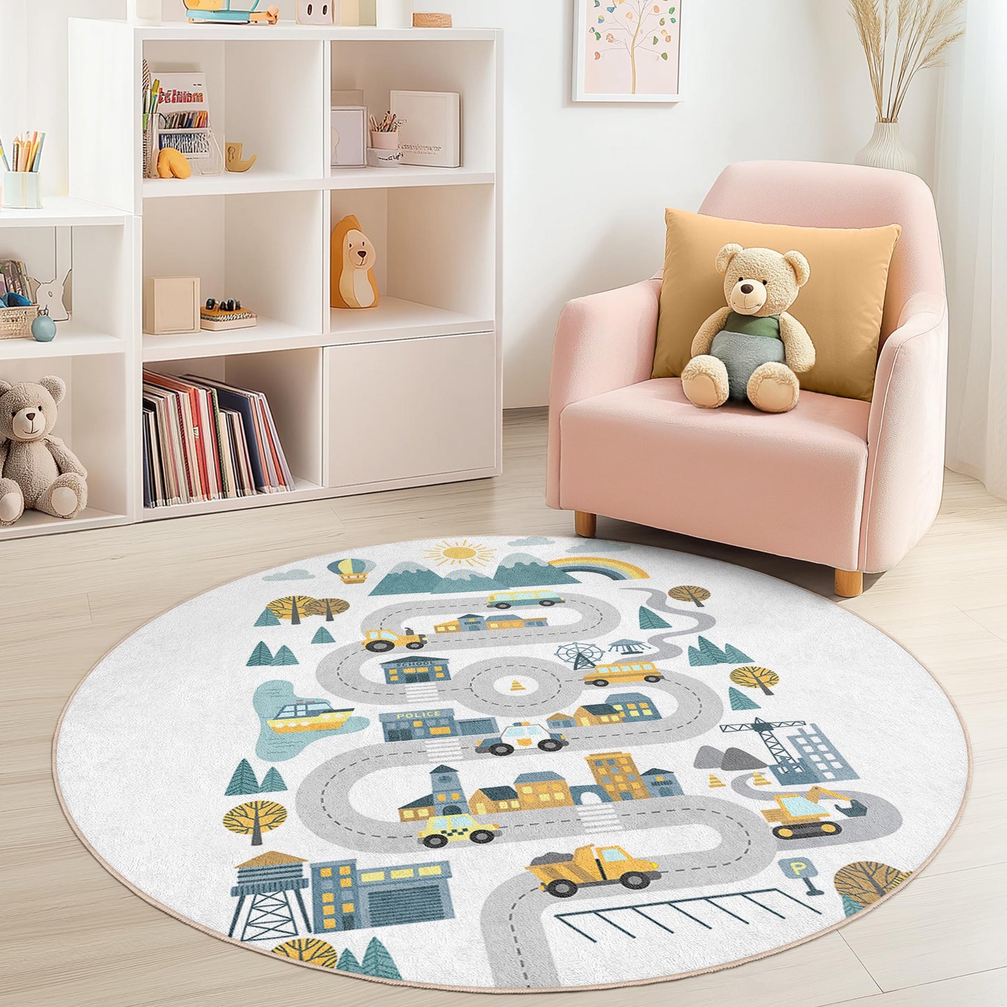 Bunter runder Spielteppich mit Straßenkartenmotiv für Kinder, interaktiver Kinderteppich, Kinderzimmerdekoration, Spielmatte, weicher und kuscheliger Teppich