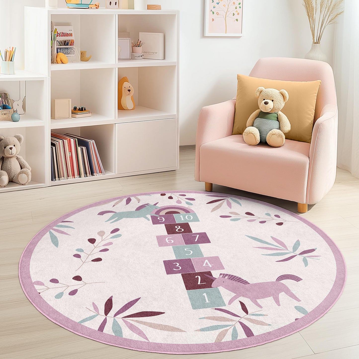 Runder Einhorn-Hüpfspiel-Kinderteppich, florale Spielmatte fürs Kinderzimmer, weicher Kinderteppich, Spielzimmerdeko, Kinderzimmer-Basics