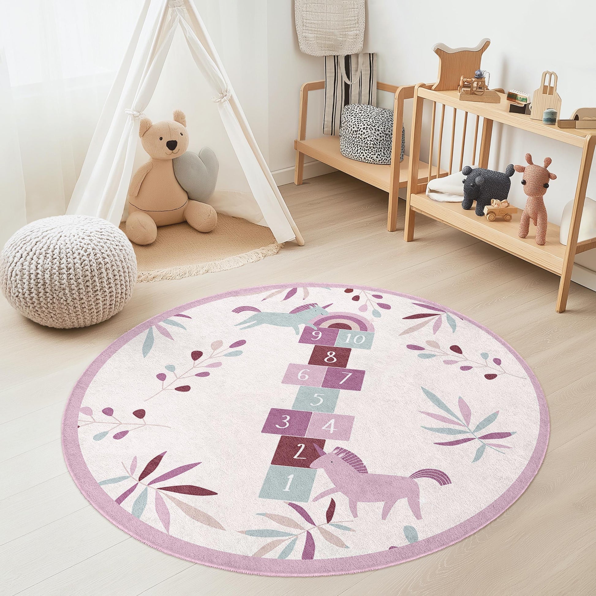 Unicorn Hopscotch Round Kids Rug, Floral Play Mat for Nursery, Soft Children's Carpet, Playroom Decor, Kids Room Essentials