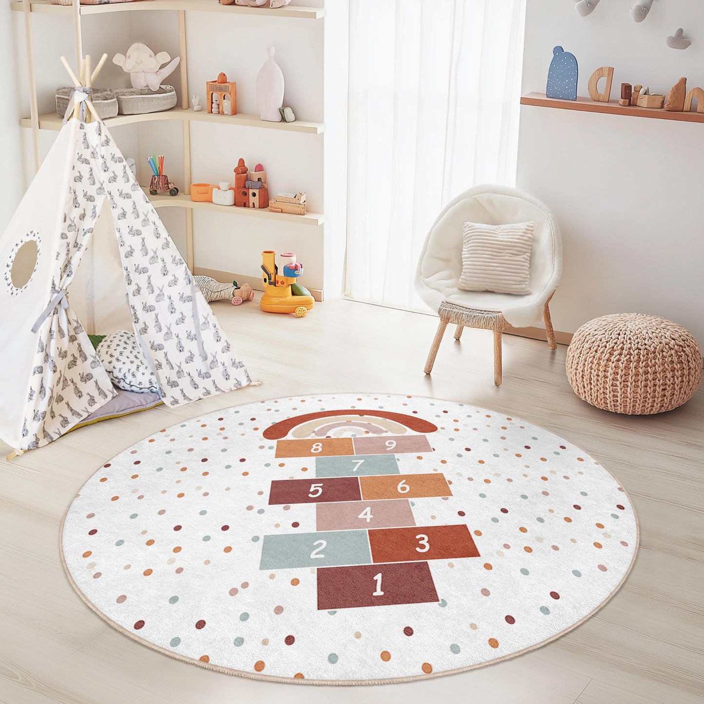 Runder Spielteppich mit Regenbogen-Hüpfspiel, Runder Kinderteppich, Spielzimmerdeko, Weicher runder Teppich, Spielmatte, Bunter Kinderteppich