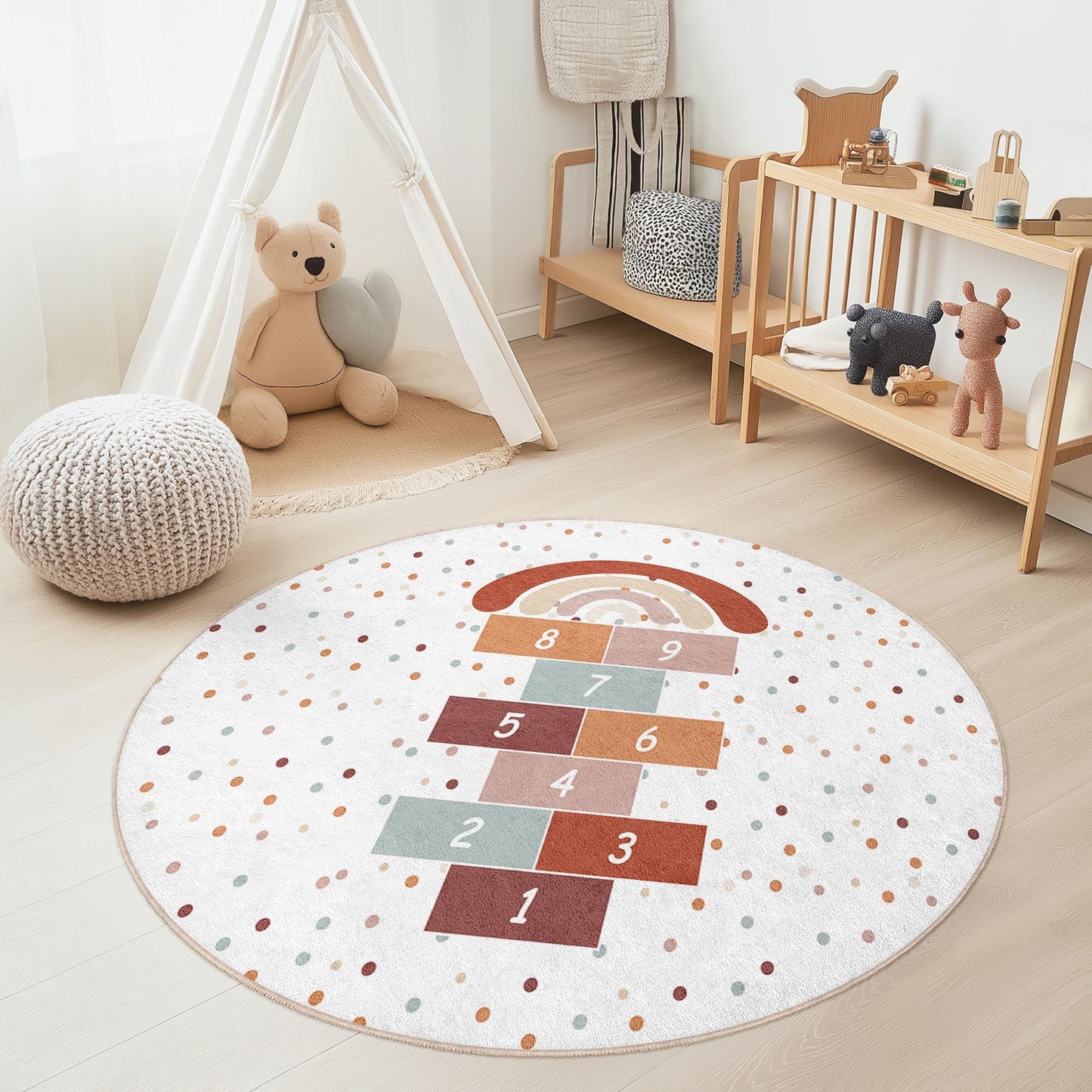 Runder Spielteppich mit Regenbogen-Hüpfspiel, Runder Kinderteppich, Spielzimmerdeko, Weicher runder Teppich, Spielmatte, Bunter Kinderteppich