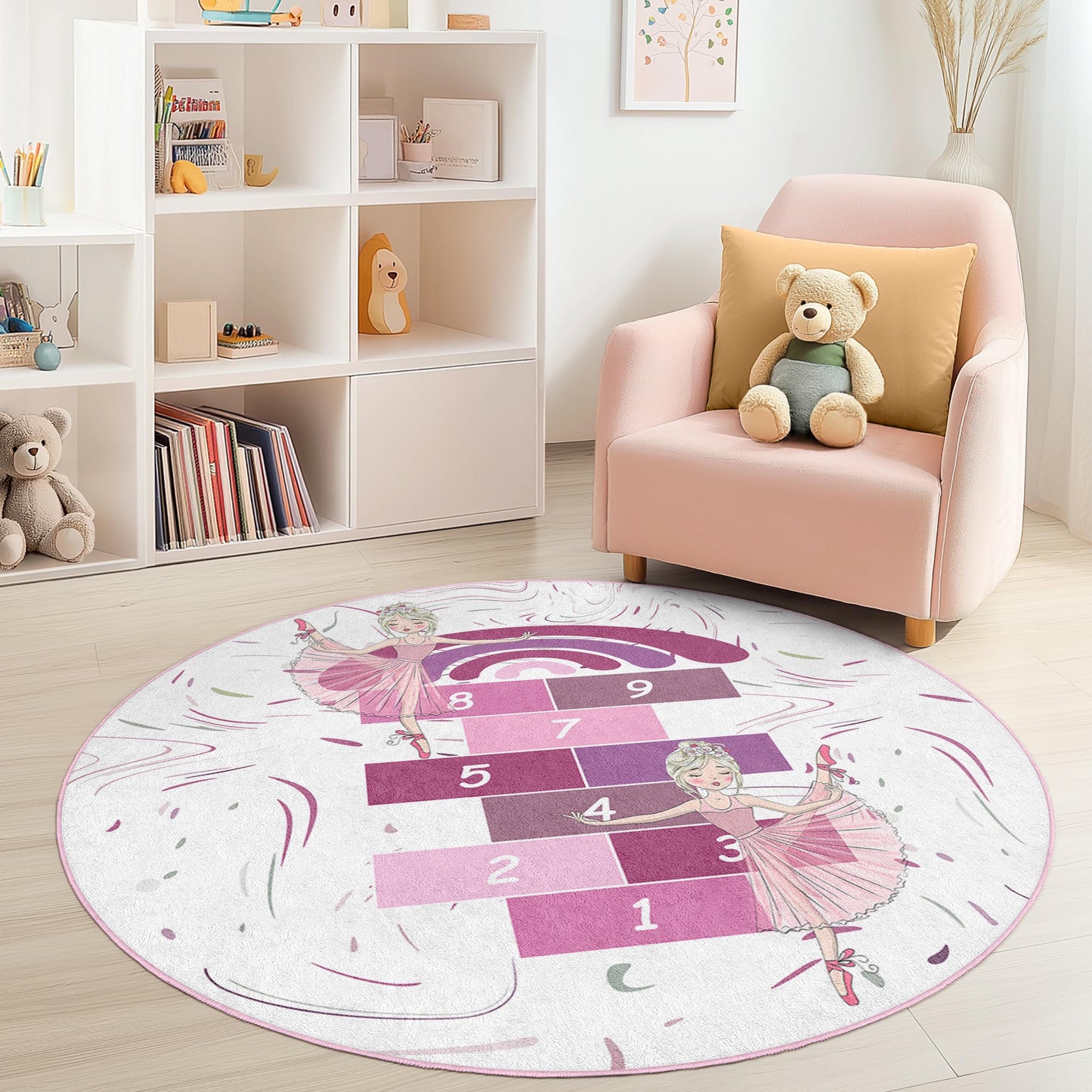 Runder Ballett-Teppich für Kinder, Hüpfspielmatte für Mädchen, Teppich mit Ballettmotiv, Kinderzimmerdeko, Spielzimmerteppich