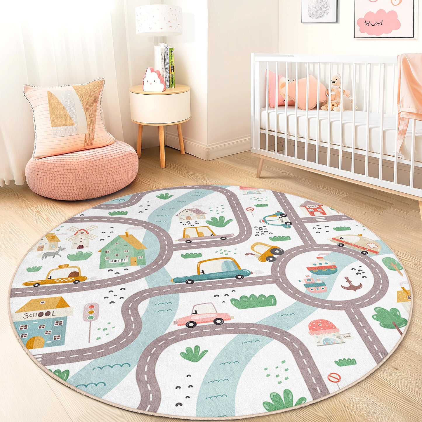 Runder Kinderteppich mit verspieltem Straßenkartenmotiv, interaktiver Teppich mit Automotiv, weiche Spielmatte fürs Kinderzimmer, Kinderzimmerdeko, lustiger Aktivitätsteppich