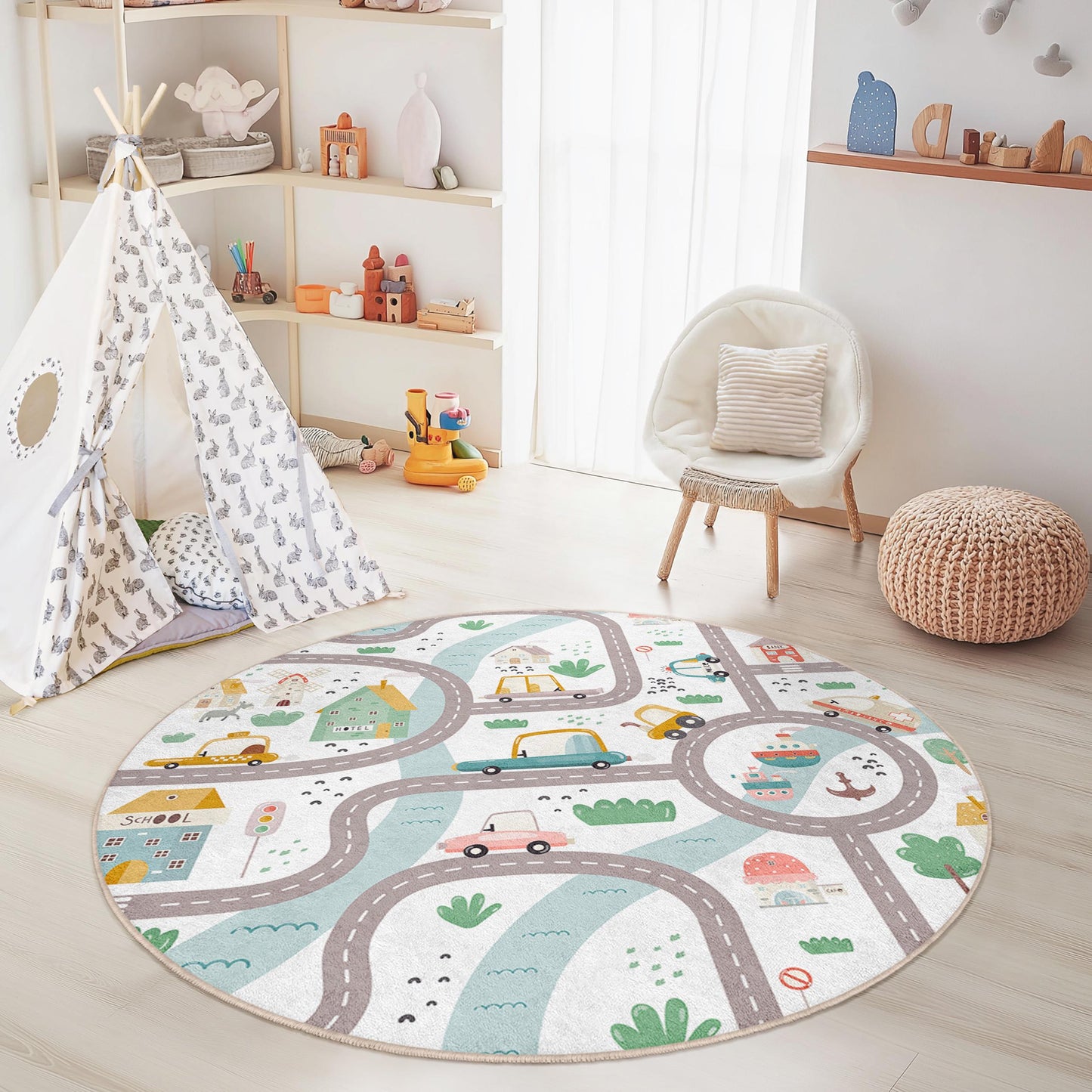 Runder Kinderteppich mit verspieltem Straßenkartenmotiv, interaktiver Teppich mit Automotiv, weiche Spielmatte fürs Kinderzimmer, Kinderzimmerdeko, lustiger Aktivitätsteppich
