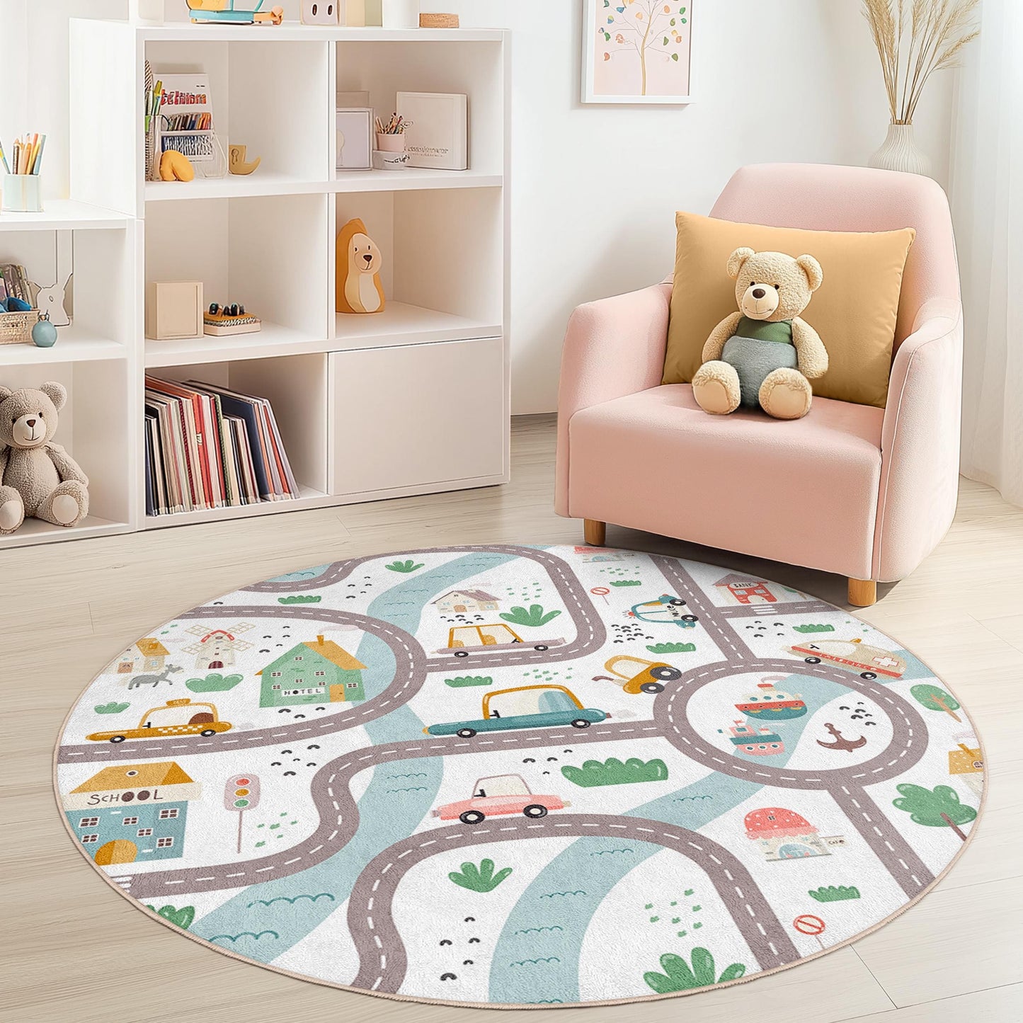 Playful Road Map Round Kids Rug, Interactive Car Theme Rug, Soft Play Mat for Children's Room, Nursery Decor, Fun Activity Rug