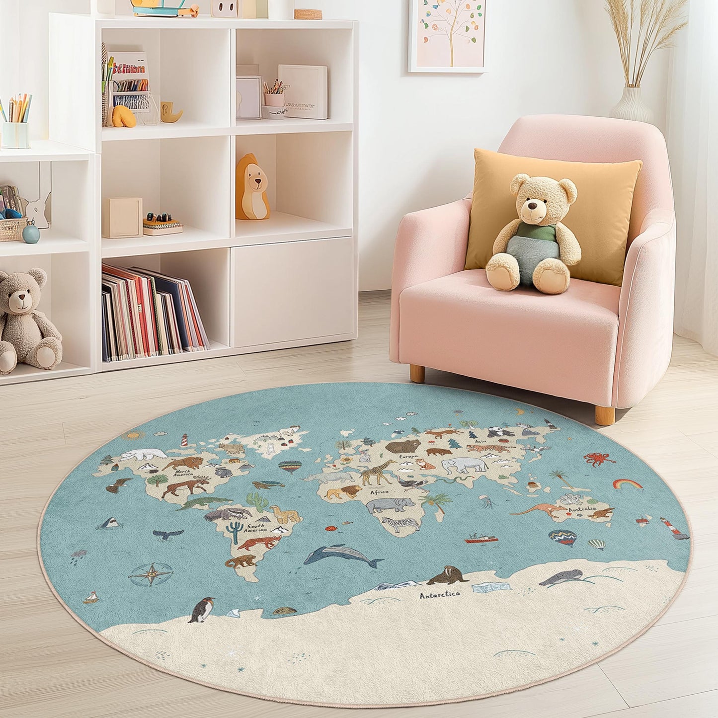 Interaktiver runder Kinderteppich mit Weltkarte, Spielmatte mit Tiermotiven, Lernteppich fürs Kinderzimmer, weiche Kinderzimmerdekoration, Abenteuerspielteppich