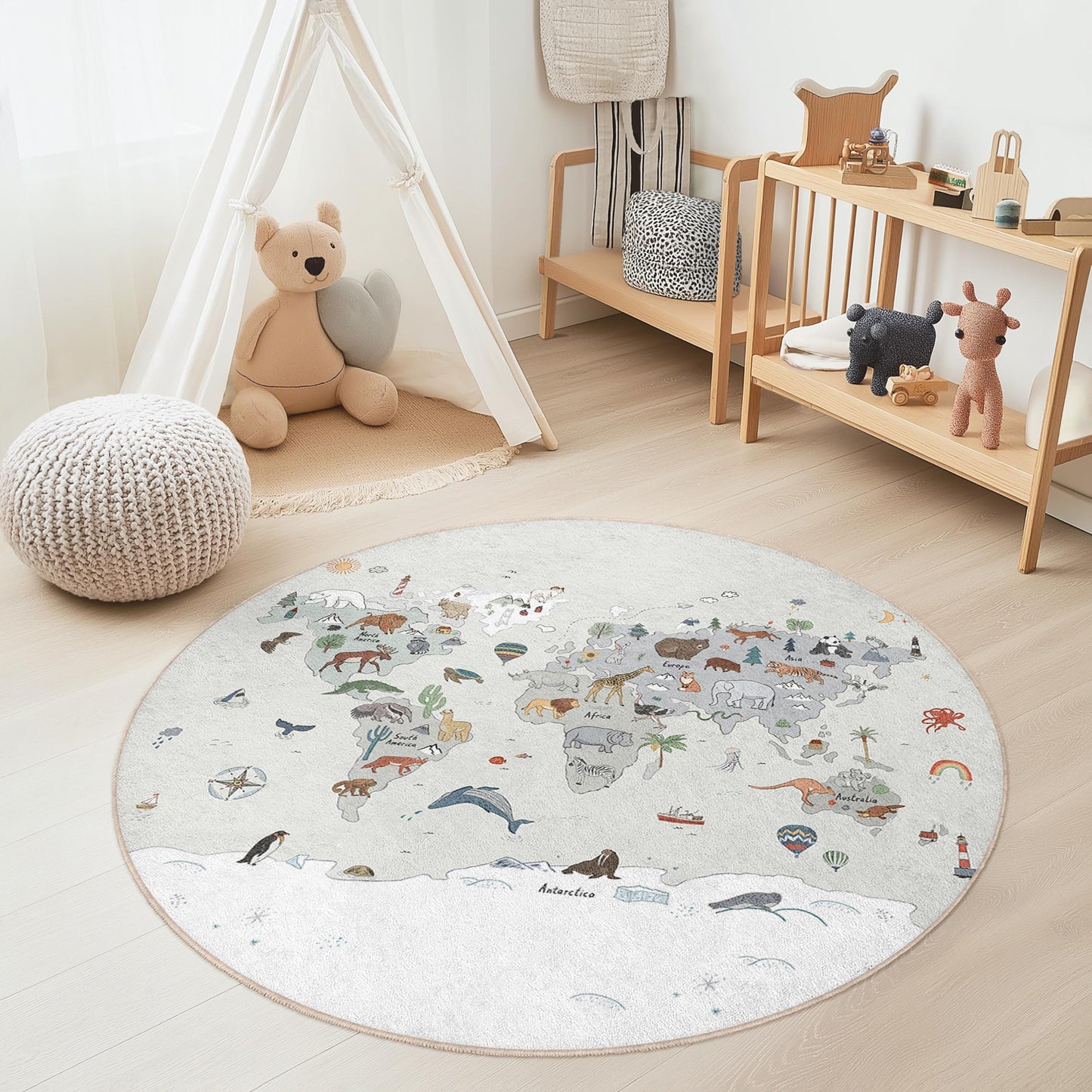 Runder Teppich mit Weltkarte und Tiermotiven, Kinderzimmerdeko, Lernteppich für den Spielbereich, runder Kinderteppich, weicher Babyteppich