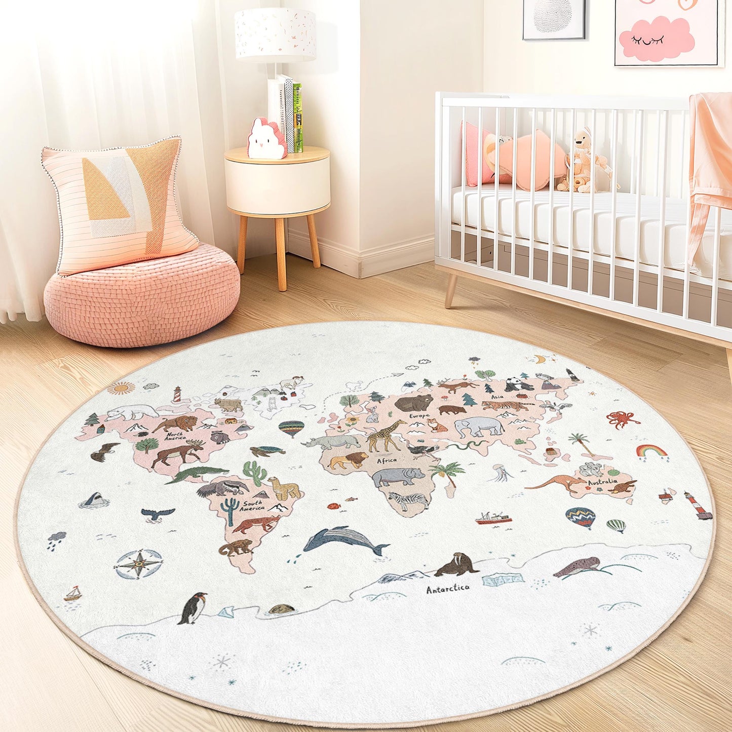 Runder Teppich mit Weltkarten-Tiermotiv, Kinderzimmerdeko, verspielter Tierteppich, Babyzimmerteppich, Lernteppich für Kinder