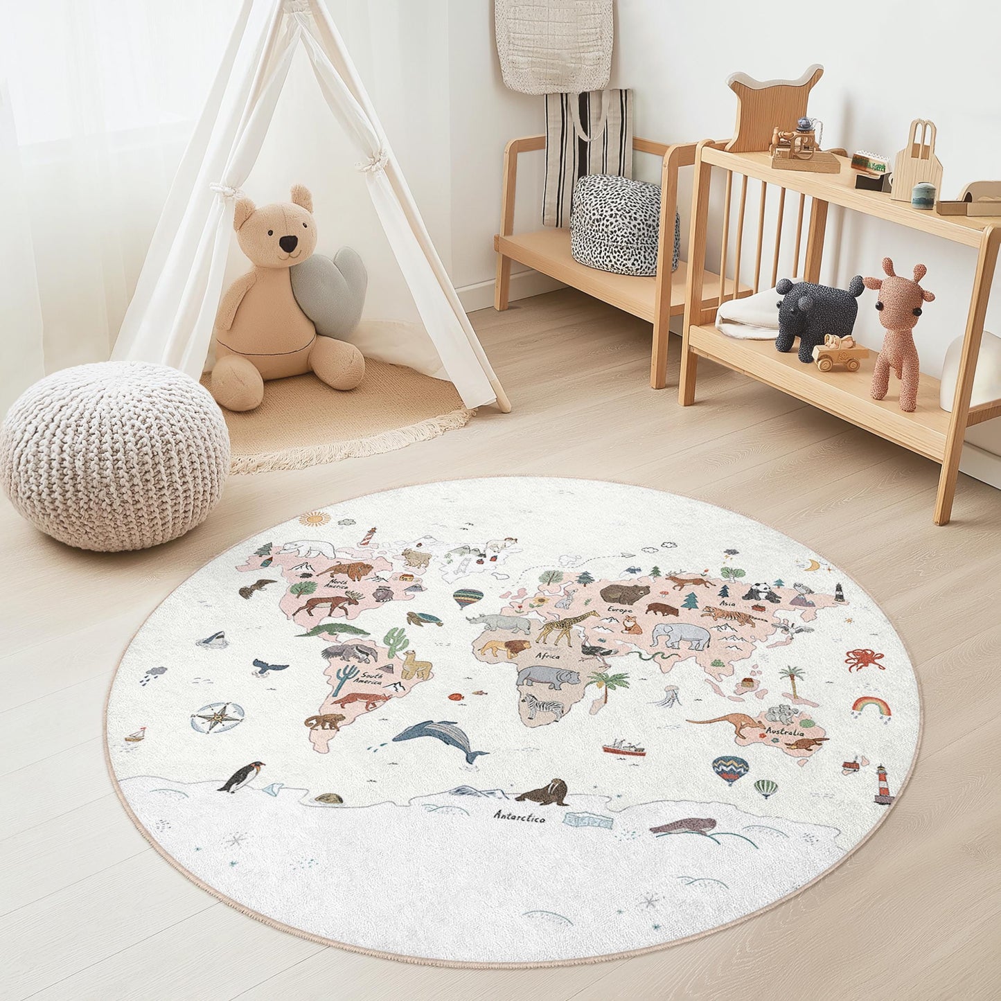 Runder Teppich mit Weltkarten-Tiermotiv, Kinderzimmerdeko, verspielter Tierteppich, Babyzimmerteppich, Lernteppich für Kinder