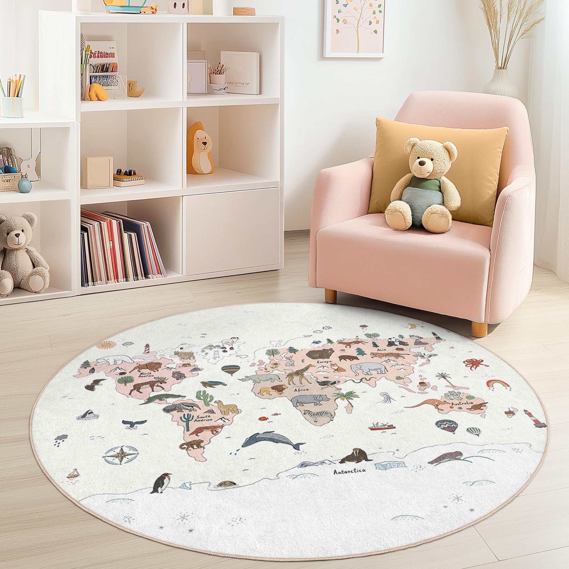 World Map Animal Art Round Rug, Kids Room Decor, Playful Animal Rug, Nursery Rug, Educational Kids Area Rug