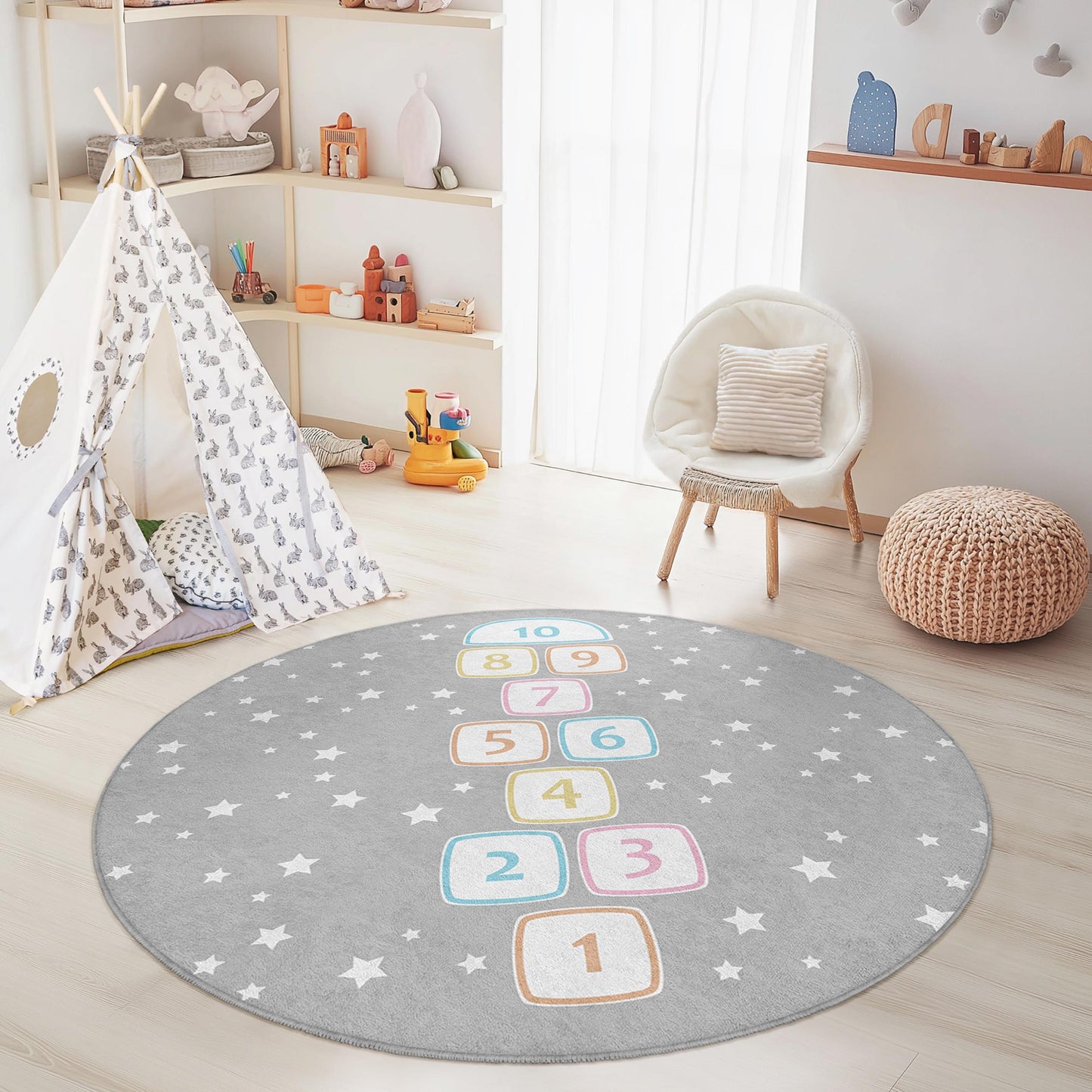 Hopscotch Pattern Round Kids Rug, Playful Area Rug for Children's Room, Soft Nursery Decor, Interactive Play Mat, Kids Room Carpet