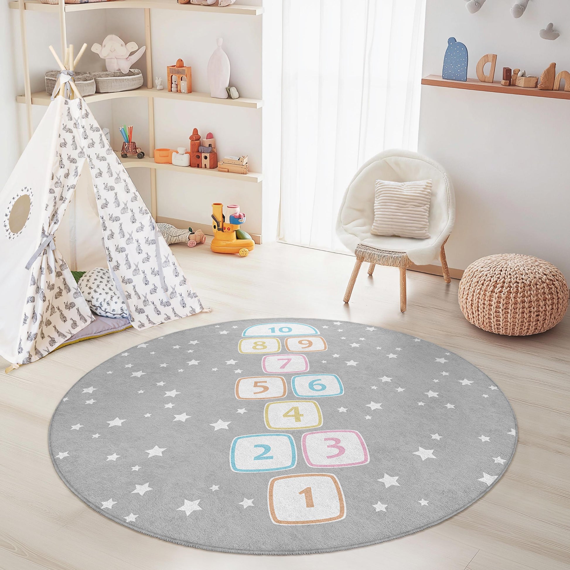Hopscotch Pattern Round Kids Rug, Playful Area Rug for Children's Room, Soft Nursery Decor, Interactive Play Mat, Kids Room Carpet