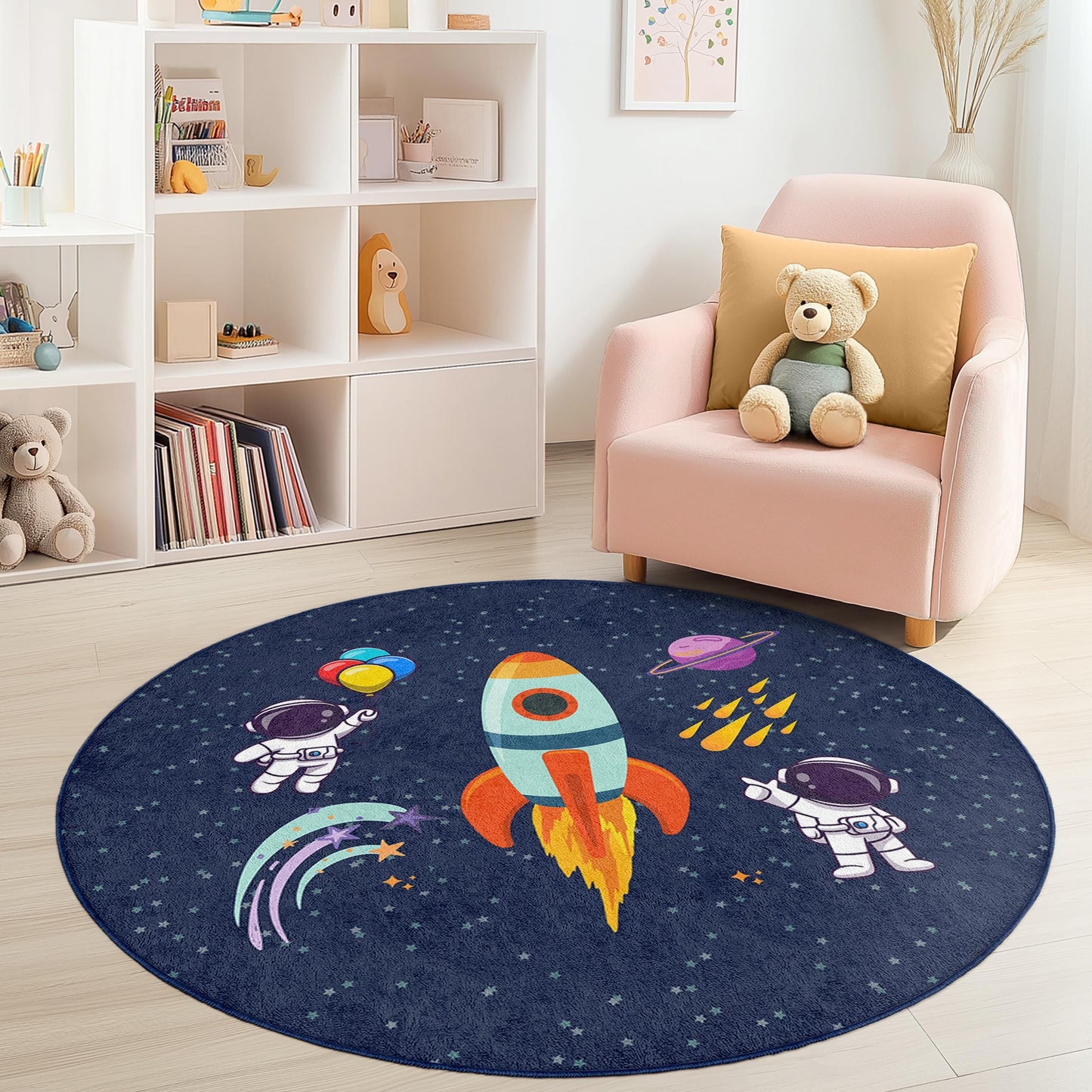 Runder Kinderteppich mit Weltraum-Motiv, Astronauten-Teppich, Spielzimmer-Deko, Galaxie-Spielmatte, Kinderzimmerteppich, weicher runder Teppich