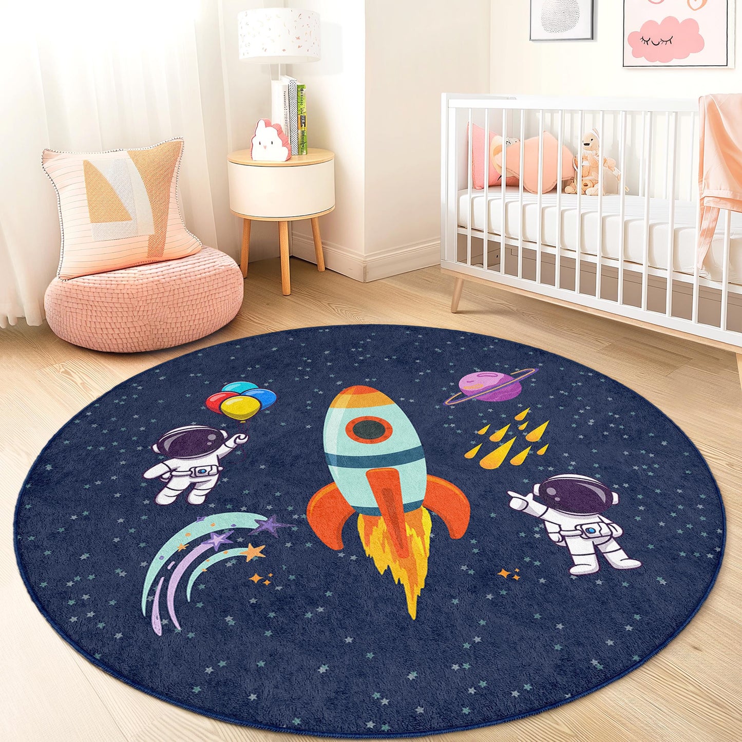 Runder Kinderteppich mit Weltraum-Motiv, Astronauten-Teppich, Spielzimmer-Deko, Galaxie-Spielmatte, Kinderzimmerteppich, weicher runder Teppich