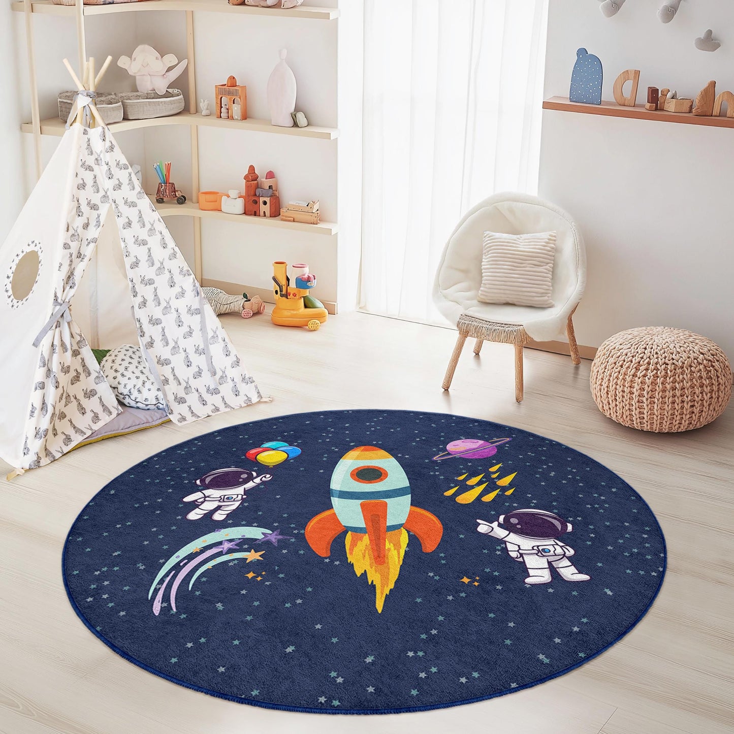 Runder Kinderteppich mit Weltraum-Motiv, Astronauten-Teppich, Spielzimmer-Deko, Galaxie-Spielmatte, Kinderzimmerteppich, weicher runder Teppich