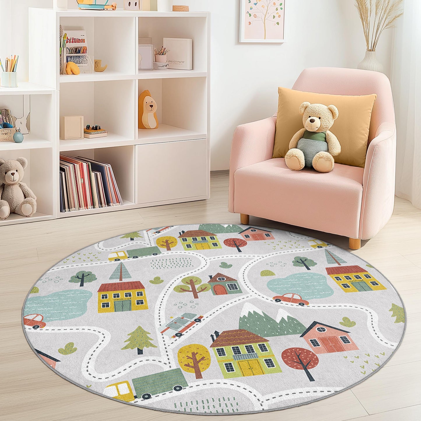 Bunter runder Spielteppich für Kinder, Teppich mit Straßenkartenmotiv, Spielzimmerdeko, weicher Kinderzimmerteppich, interaktive Spielmatte