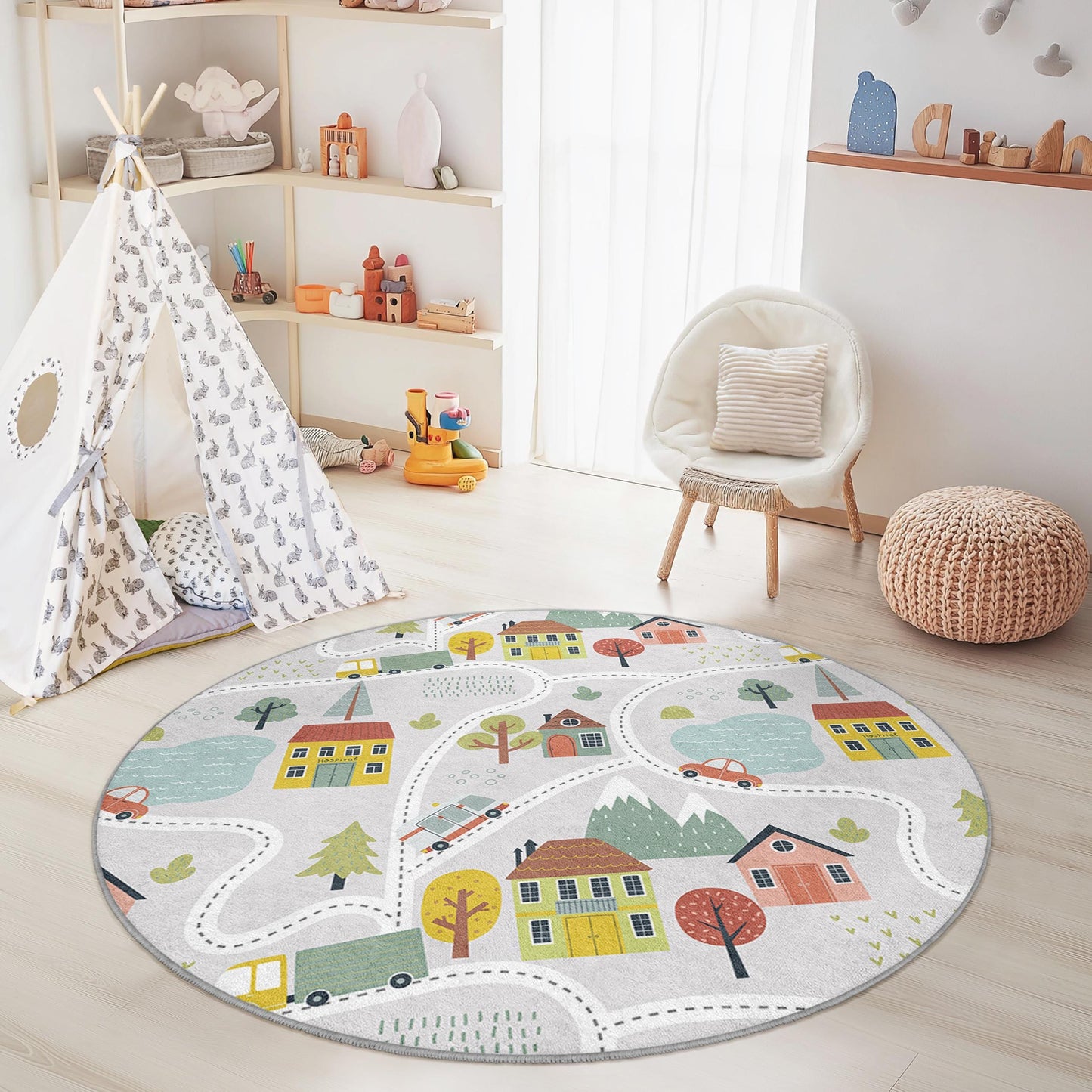 Bunter runder Spielteppich für Kinder, Teppich mit Straßenkartenmotiv, Spielzimmerdeko, weicher Kinderzimmerteppich, interaktive Spielmatte