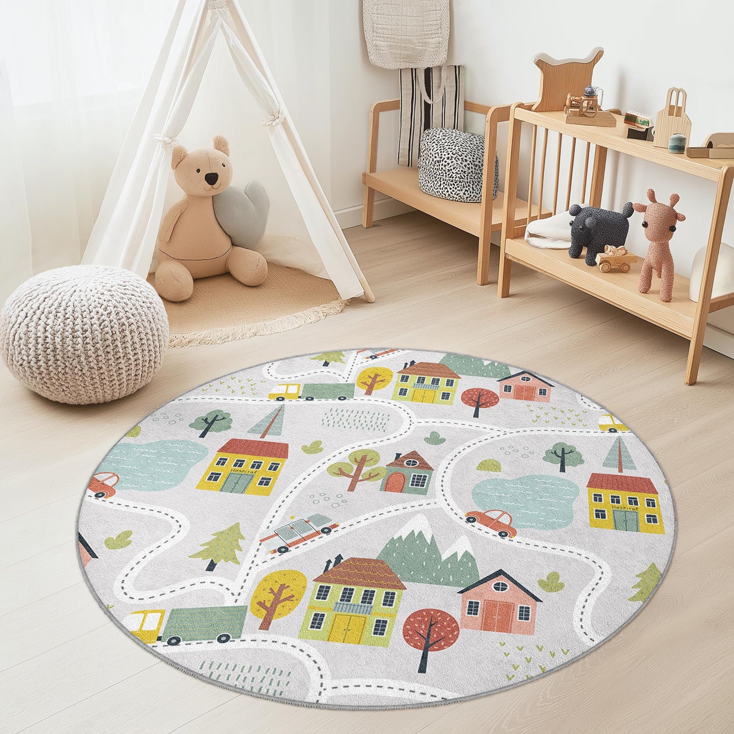 Bunter runder Spielteppich für Kinder, Teppich mit Straßenkartenmotiv, Spielzimmerdeko, weicher Kinderzimmerteppich, interaktive Spielmatte
