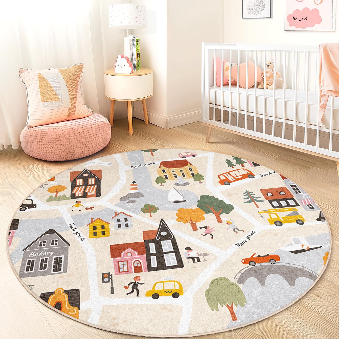 Verspielter runder Kinderteppich mit Stadtplan-Motiv, interaktive Spielmatte fürs Kinderzimmer, weiche Kinderzimmerdekoration, kinderfreundlicher Teppich