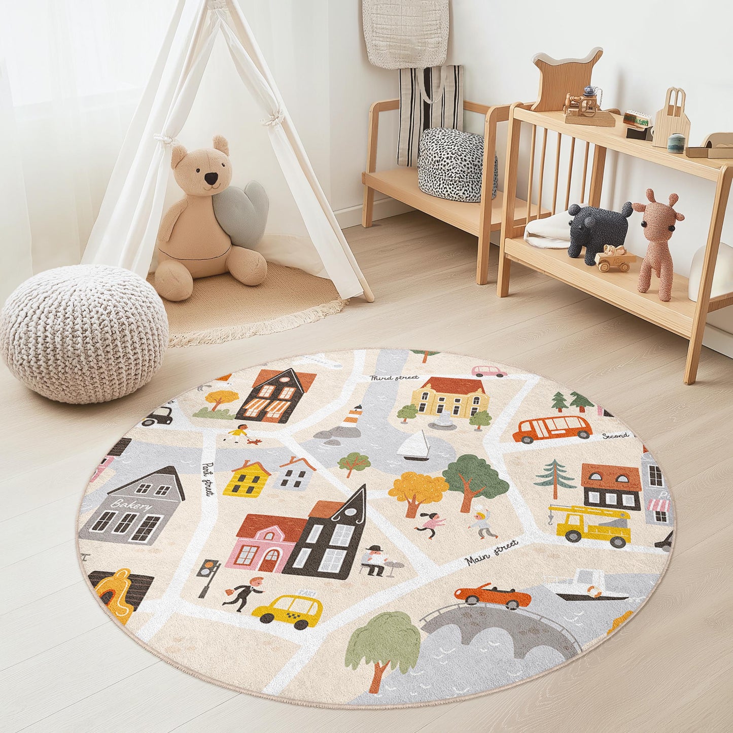 Verspielter runder Kinderteppich mit Stadtplan-Motiv, interaktive Spielmatte fürs Kinderzimmer, weiche Kinderzimmerdekoration, kinderfreundlicher Teppich