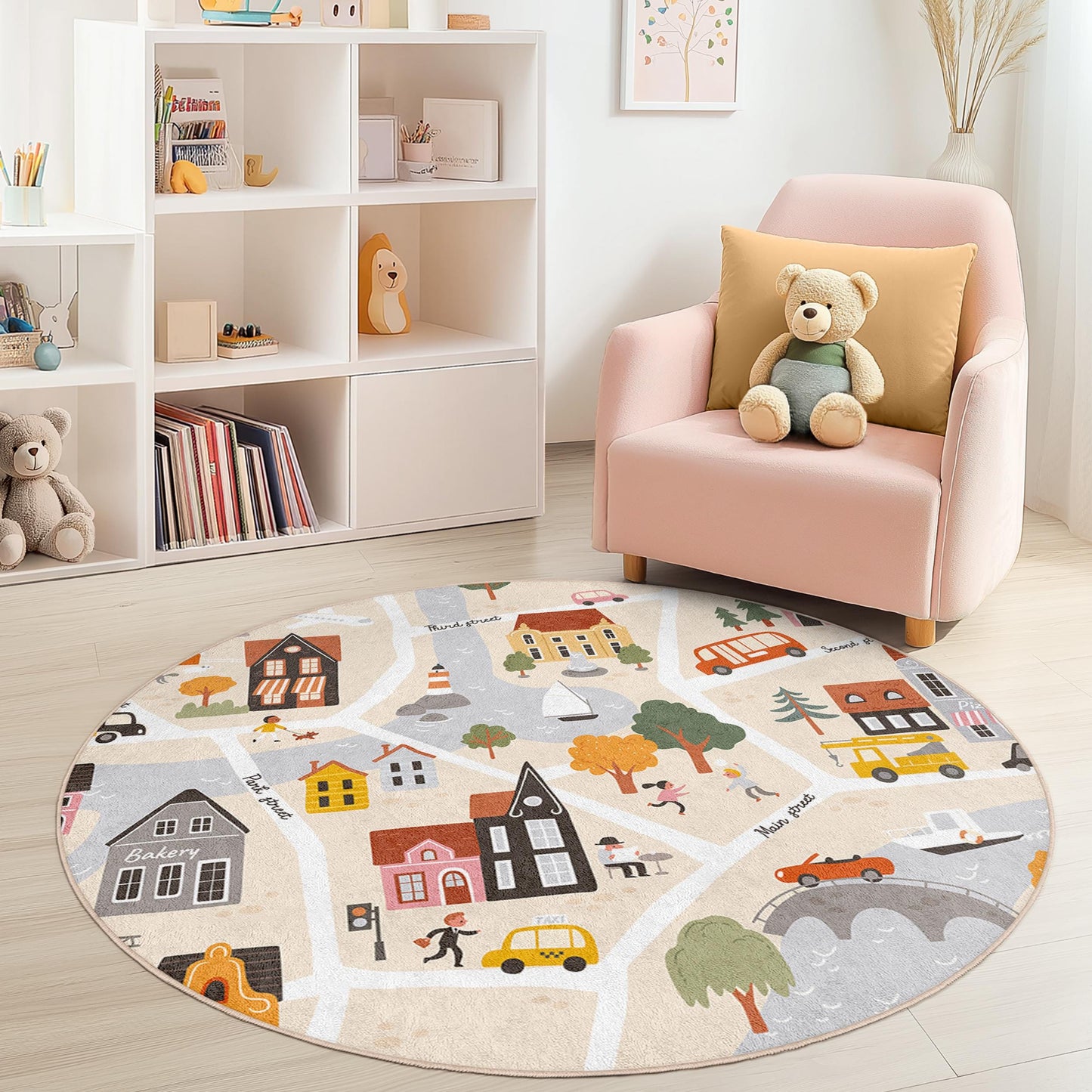 City Map Playful Round Kids Rug, Interactive Play Mat for Children's Room, Soft Nursery Decor, Child-Friendly Rug