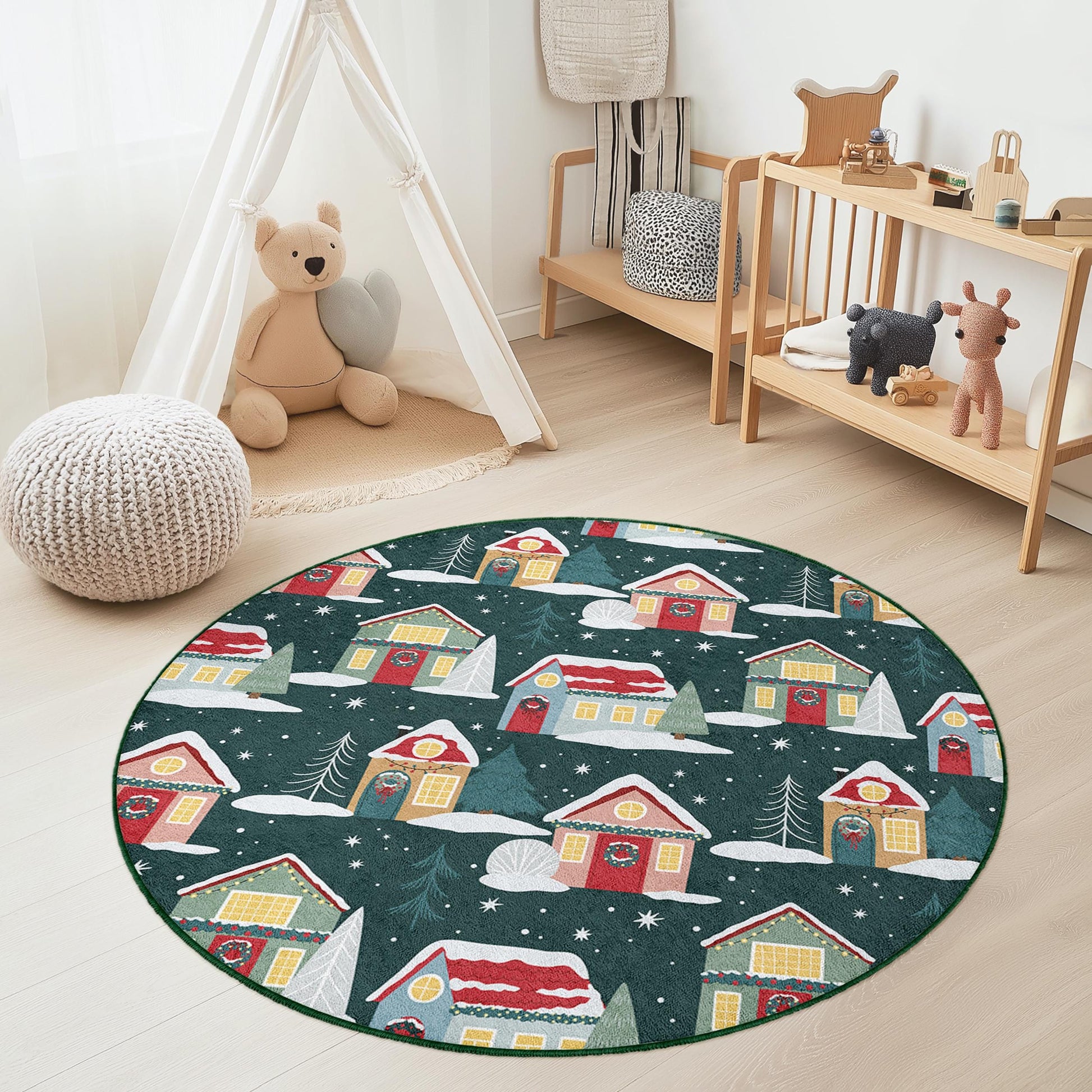 Winter Wonderland Round Kids Rug, Cozy House Pattern Rug, Holiday Decor for Kids Room, Playroom Mat, Christmas Themed Carpet