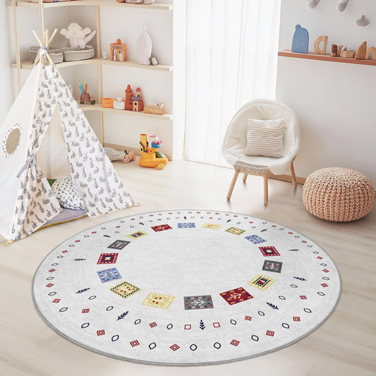 Colorful Geometric Round Area Rug, Decorative Round Carpet for Kids Room, Playroom Rug, Soft Children's Rug, Nursery Decor