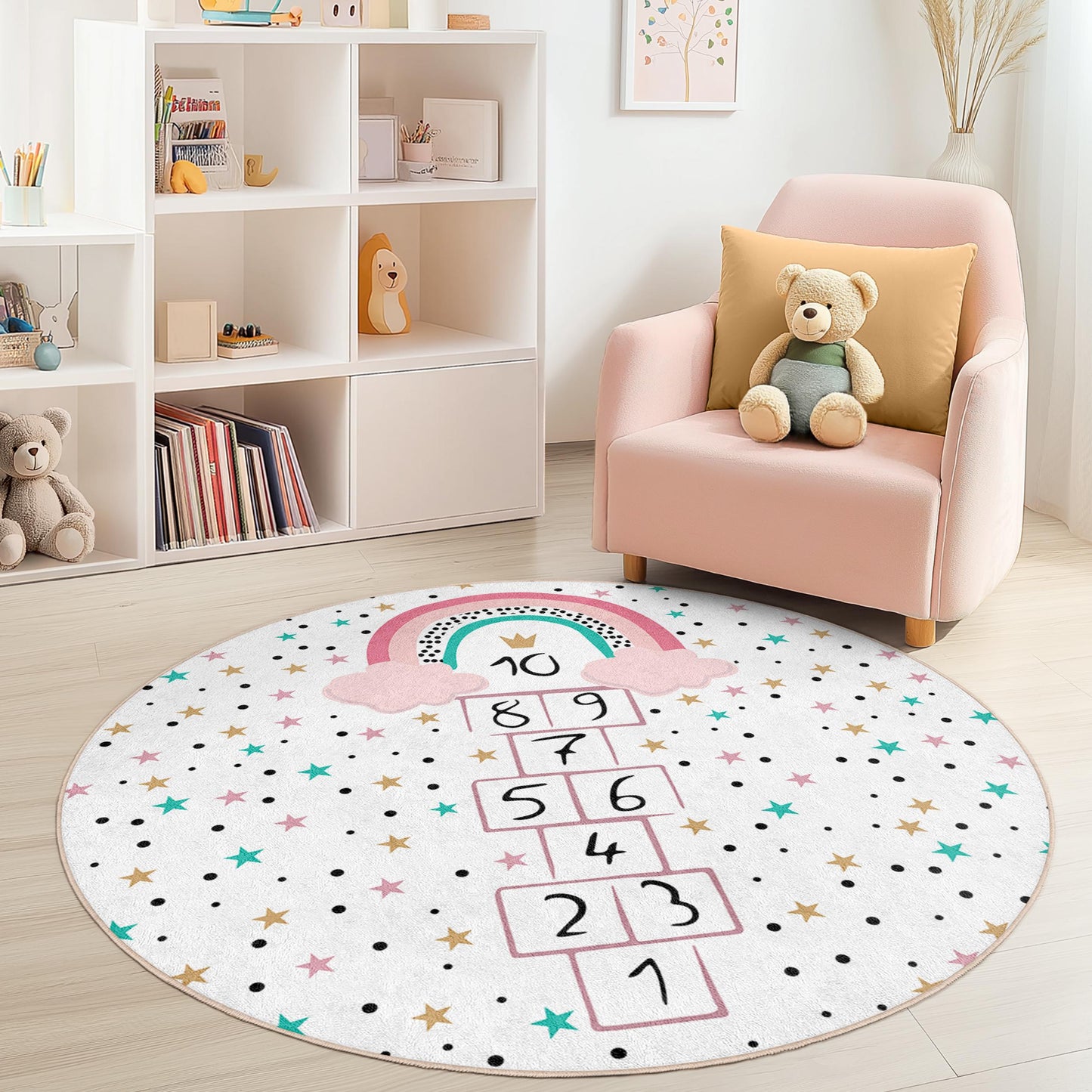 Regenbogen-Hüpfspiel-Spielteppich für Kinder, runde Spielmatte fürs Kinderzimmer, bunter Kinderzimmerteppich, interaktiver Spielteppich, weicher und kuscheliger Kinderteppich